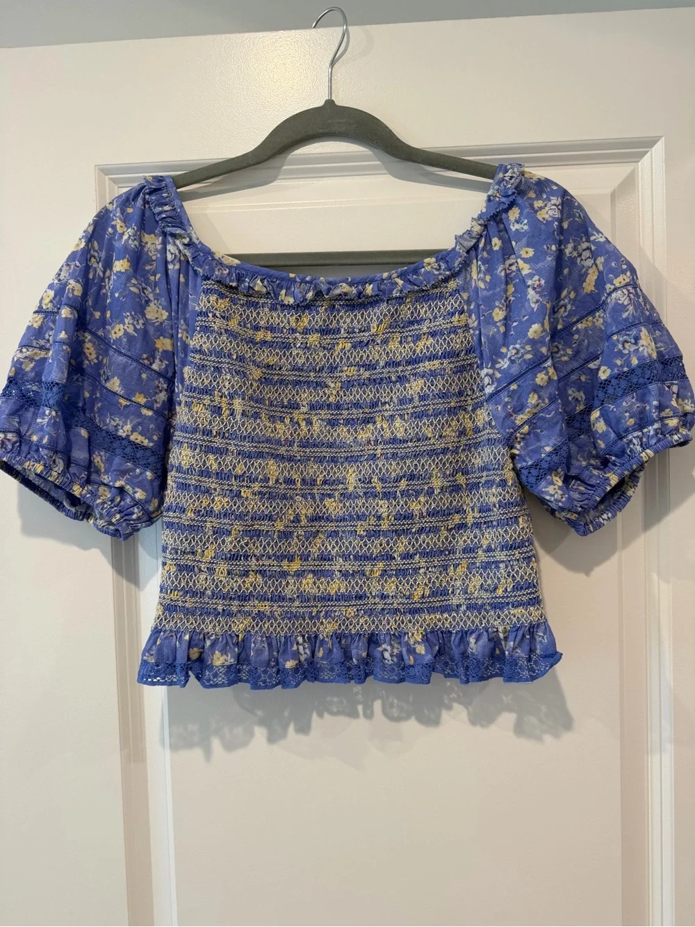 LoveShackFancy Blue Floral Smocked Puff-Sleeve Crop Top